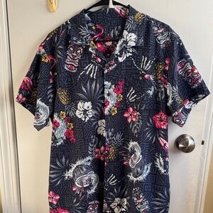 Canada weather gear men’s LG button down multi color floral Hawaiian tiki shirt